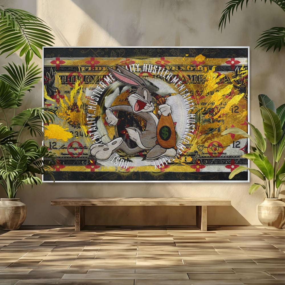 Tablou canvas cu tablou canvas cu dolar si bugs bunny, in rama de aluminiu argintiu